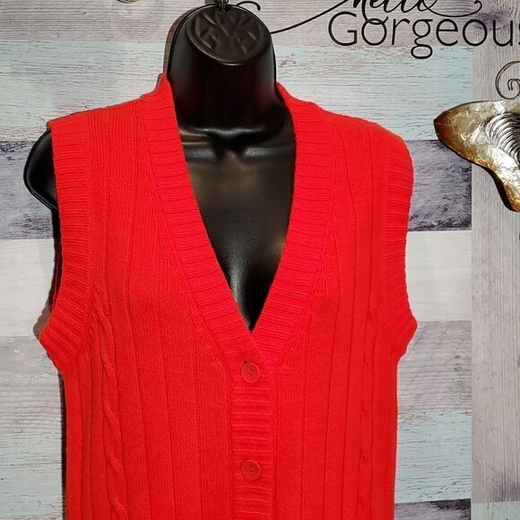 LeRoy Knitwear Vintage Tomato Red Sleeveless Cable Knit Cardigan Granny 623 - Picture 3 of 7